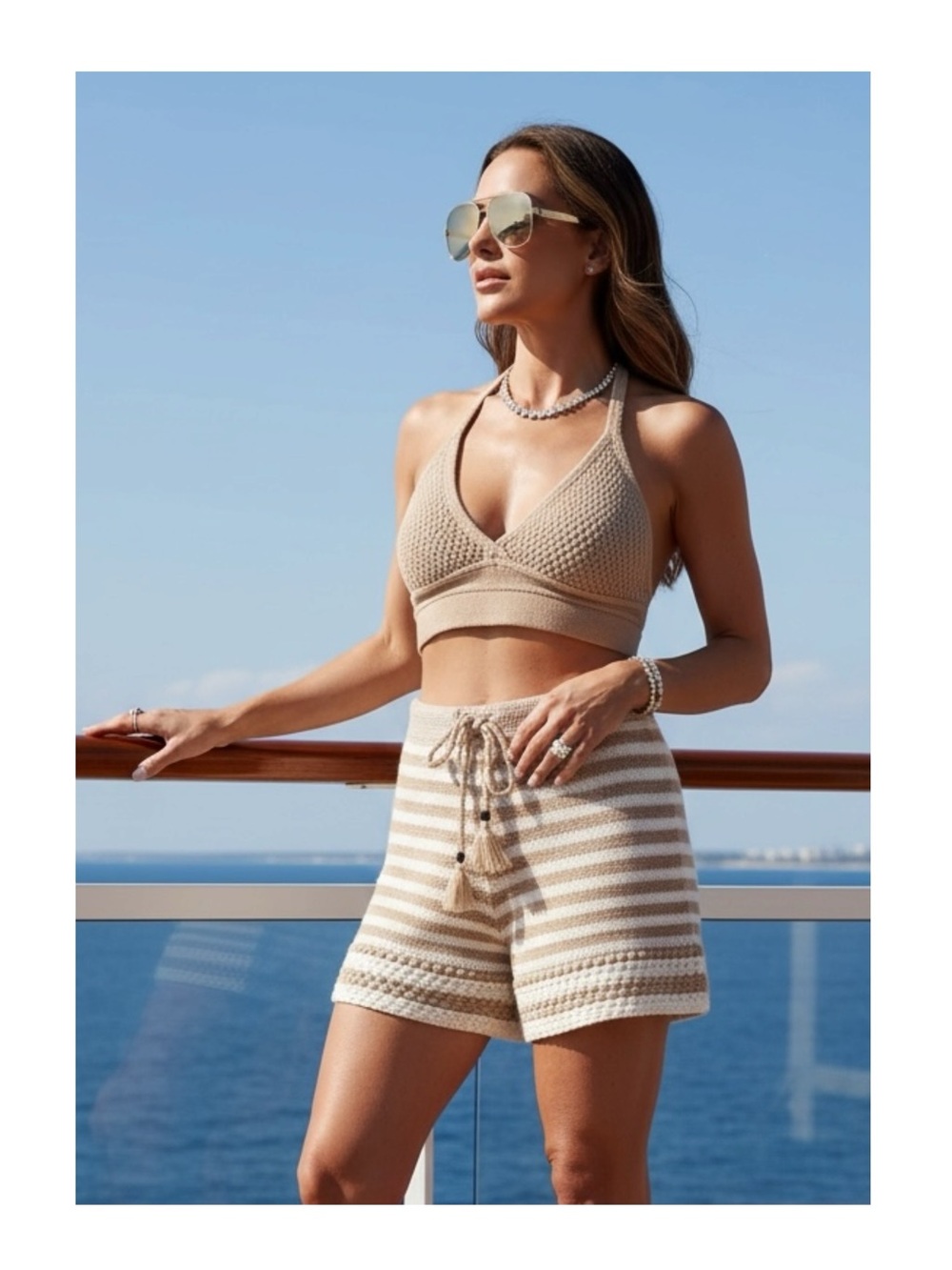 new House of Harlow 1960 𖣴 Crochet Striped Bermuda Shorts 𖣴 Almond White 𖣴 Small